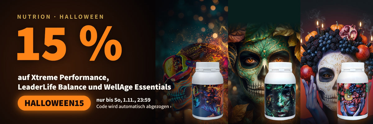 Halloween bei Nutrion: 15 % auf Xtreme Performance, LeaderLife Balance und WellAge Essentials mit Code HALLOWEEN15, nur bis Sonntag, 1.11., 23:59